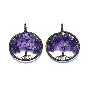 Natural Amethyst Pendants, with Acrylic and Brass Findings, Flat Round with Tree of Life, 59x47~47.5x9.5~10mm, Hole: 4mm
