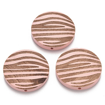 Painted Natural Wood Beads, Laser Engraved Pattern, Flat Round with Zebra-Stripe, Pink, 30x5mm, Hole: 1.6mm