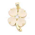 Brass Glass Pendants, Clover, with Cubic Zirconia, Long-Lasting Plated, Rack Plating, Lead Free & Cadmium Free, Real 18K Gold Plated
, Floral White, 23x17x6.5mm, Hole: 4.5x3.5mm(KK-H529-40G-01)
