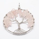 Tree of Life Natural Rose Quartz Bead Brass Wire Wrapped Big Pendants, Cadmium Free & Nickel Free & Lead Free, 50~64x48~52x5~8mm, Hole: 3~6mm(KK-L136-01F-NR)