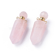 Faceted Natural Rose Quartz Openable Perfume Bottle Pointed Pendants, with Golden Plated 304 Stainless Steel Findings, Bullet, 44~46x15x13~13.5mm, Hole: 1.8mm, Bottle Capacity: 1ml(0.034 fl. oz)(G-P435-D-01G)