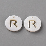 Natural Freshwater Shell Pendants, Flat Round with Letter, Letter.R, 12x1.5mm, Hole: 1mm(SHEL-Q311-008R)