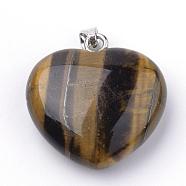 Natural Tiger Eye Pendants, with Alloy Findings, Heart, Platinum, 27~29x28x11mm, Hole: 3.5x5mm(G-S219-18B)