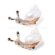 Snail White Natural Conch Shell Fossil Brooch Pin, Alloy Pin for Backpack Clothing, Golden, 49.5~56x30~38x20~30mm(JEWB-A020-01G-02)