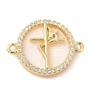 Rack Plating Brass Micro Pave Clear Cubic Zirconia Spanish Faith Cross Connector Charms, with Shell, Flat Round Links, Real 18K Gold Plated, Cadmium Free & Lead Free, Long-Lasting Plated, Word, 17x23x4mm, Hole: 1.4mm(KK-L220-003G-03)