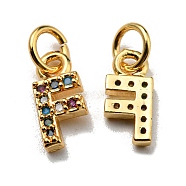 Brass Micro Pave Colorful Cubic Zirconia Charms, Golden, Letter.F, 8.5~9x1.8~9.5x2mm, Hole: 3mm(ZIRC-F092-01-F)