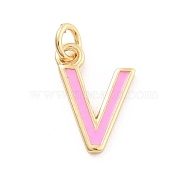 Rack Plating Brass Pendants, with Enamel and Jump Ring, Cadmium Free & Lead Free, Long-Lasting Plated, Real 18K Gold Plated, Letter, Letter V, 12x8.5x1mm, Hole: 2.5mm(KK-C065-02V-G)