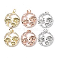 6Pcs 3 Colors  Brass Micro Pave Clear Cubic Zirconia Pendants, Long-Lasting Plated, Flat Round with Mushroom, Mixed Color, 21x19x3mm, Hole: 3.5mm, 2pcs/color(ZIRC-SZ0003-33)