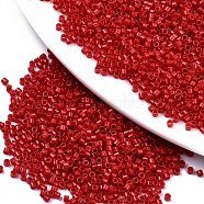 11/0 Grade A Glass Seed Beads, Cylinder, Uniform Seed Bead Size, Baking Paint, Red, 1.5x1mm, Hole: 0.5mm, about 20000pcs/bag(SEED-S030-1016)