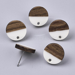 Resin & Walnut Wood Stud Earring Findings, with 304 Stainless Steel Pin, Flat Round, Creamy White, 15mm, Hole: 1.8mm, Pin: 0.7mm(MAK-N032-003A-B02)