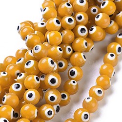 Handmade Evil Eye Lampwork Round Bead Strands, Yellow, 10mm, Hole: 1mm, about 39pcs/strand, 14.96 inch(LAMP-L055-10mm-01)