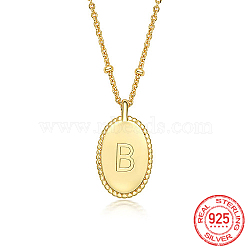 925 Sterling Silver Letter Initial Oval Pendant Necklaces for Women, with Cable Chains, Real 18K Gold Plated, Letter B, 15.75 inch(40cm)(EL6437-6)