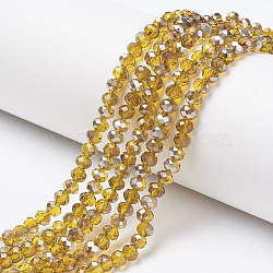 Electroplate Transparent Glass Beads Strands, Half Gray Plated, Faceted, Rondelle, Gold, 4x3mm, Hole: 0.4mm, about 123~127pcs/strand, 16.5~16.9 inch(42~43cm)(EGLA-A034-T4mm-E02)