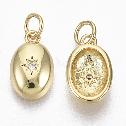 Brass Micro Pave Cubic Zirconia Charms, with Jump Ring, Nickel Free, Oval with Star, Clear, Real 18K Gold Plated, 13.5x8x3.5mm, Hole: 3mm(ZIRC-R109-038-NF)
