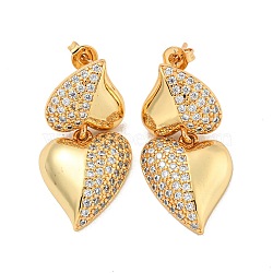 Heart Brass Pave Clear Cubic Zirconia Stud Earrings, Real 16K Gold Plated, 30x15.5mm(EJEW-M258-81G)