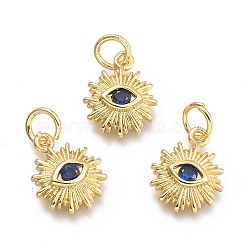 Brass Micro Pave Cubic Zirconia Pendants, with Jump Ring, Sun with Eye, Real 18K Gold Plated, Dark Blue, 12.5x10x2.7mm, Jump Rings: 5x0.8mm, Inner Diameter: 3mm(KK-P187-16D-G)