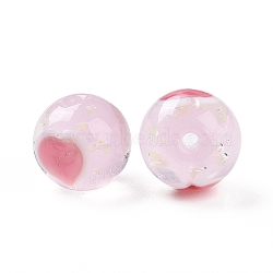 Handmade Lampwork Beads, Round with Heart Pattern, Pink, 12x11.5mm, Hole: 1.8mm(LAMP-C004-01C)