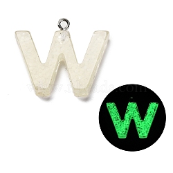 Luminous Resin Pendants, Glow in the Dark, with Platinum Plated Loop, Letter, Letter W, 23.5x28x5mm, Hole: 1.8mm(RESI-I059-W02)