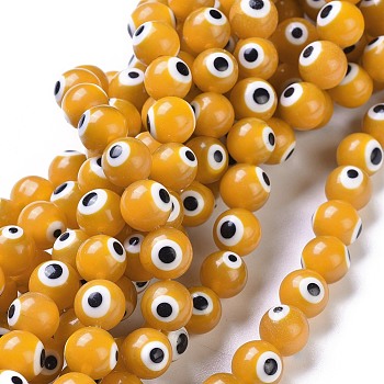 Handmade Evil Eye Lampwork Round Bead Strands, Yellow, 10mm, Hole: 1mm, about 39pcs/strand, 14.96 inch