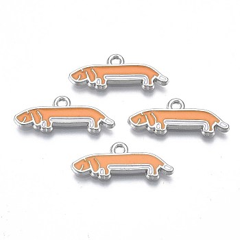 Rack Plating Alloy Enamel Pendants, Lead Free & Nickel Free & Cadmium Free, Platinum, Dog, Dark Orange, 9.5x24.5x2mm, Hole: 1.6mm