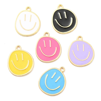 Alloy Enamel Pendants, Golden, Flat Round with Smiling Face Charm, Mixed Color, 24.5x20x1.5mm, Hole: 2mm