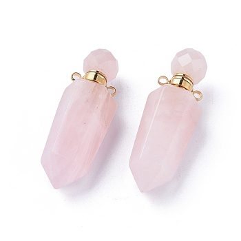 Faceted Natural Rose Quartz Openable Perfume Bottle Pointed Pendants, with Golden Plated 304 Stainless Steel Findings, Bullet, 44~46x15x13~13.5mm, Hole: 1.8mm, Bottle Capacity: 1ml(0.034 fl. oz)