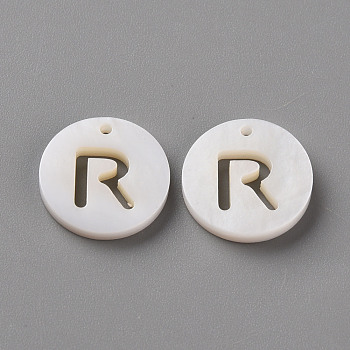 Natural Freshwater Shell Pendants, Flat Round with Letter, Letter.R, 12x1.5mm, Hole: 1mm