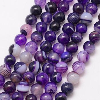 Natural Striped Agate/Banded Agate Bead Strands, Round, Grade A, Dyed & Heated, Indigo, 6mm, Hole: 1mm, about 61pcs/strand, 15 inch