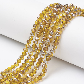 Electroplate Transparent Glass Beads Strands, Half Gray Plated, Faceted, Rondelle, Gold, 4x3mm, Hole: 0.4mm, about 123~127pcs/strand, 16.5~16.9 inch(42~43cm)