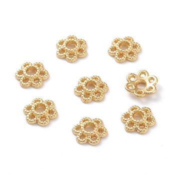 Alloy Bead Caps, Long-Lasting Plated, 6-Petal Flower, Real 18K Gold Plated, 6x1.5mm, Hole: 1.6mm
