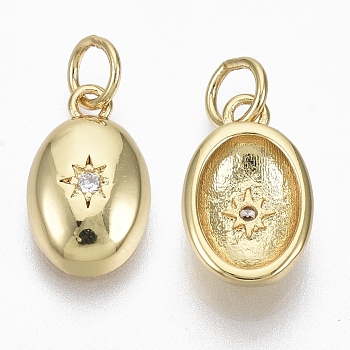 Brass Micro Pave Cubic Zirconia Charms, with Jump Ring, Nickel Free, Oval with Star, Clear, Real 18K Gold Plated, 13.5x8x3.5mm, Hole: 3mm