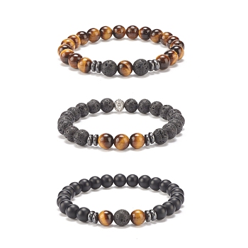 3Pcs 3 Style Natural & Synthetic Mixed Gemstone Stretch Bracelets Set, Essential Oil Gemstone Jewelry for Women, Inner Diameter: 2-1/4 inch(5.6cm), 1Pc/style