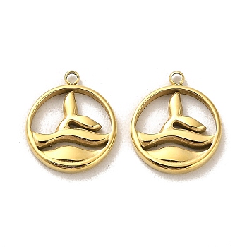 304 Stainless Steel Pendants, Flat Round with Fishtail Charms, Real 14K Gold Plated, 16.5x14.5x2mm, Hole: 1.6mm