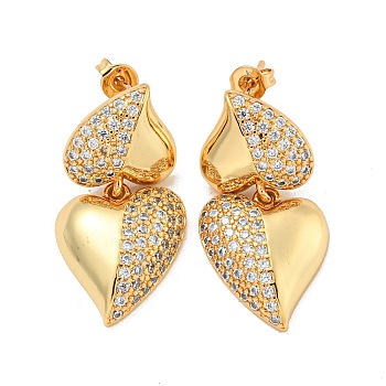 Heart Brass Pave Clear Cubic Zirconia Stud Earrings, Real 16K Gold Plated, 30x15.5mm