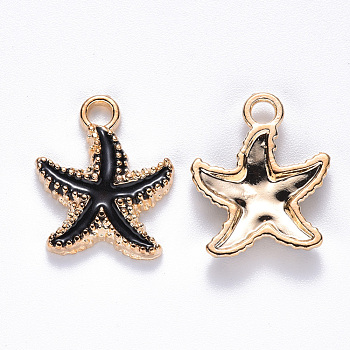 Alloy Enamel Pendants, Starfish, Light Gold, Black, 18x15x3mm, Hole: 2.5mm