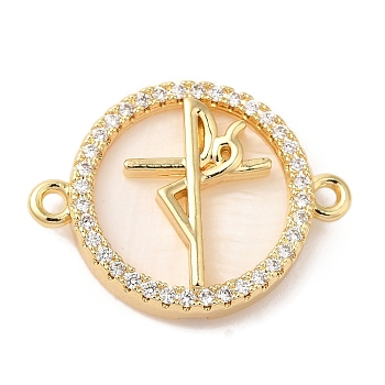 Rack Plating Brass Micro Pave Clear Cubic Zirconia Spanish Faith Cross Connector Charms, with Shell, Flat Round Links, Real 18K Gold Plated, Cadmium Free & Lead Free, Long-Lasting Plated, Word, 17x23x4mm, Hole: 1.4mm