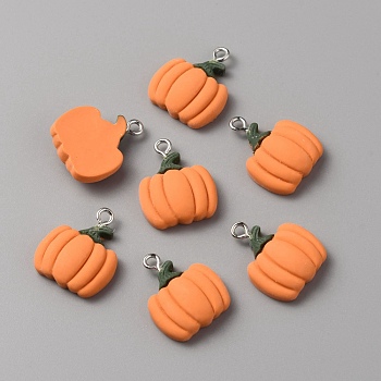 Autumn Opaque Resin Pendants, Pumpkin Charm, with Platinum Tone Alloy Loops, Orange, 21x17.5x6mm, Hole: 2mm