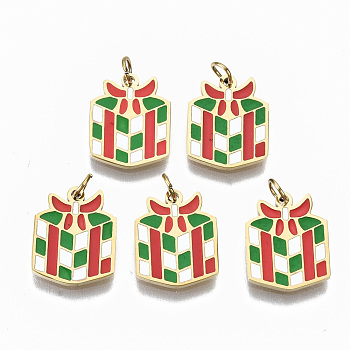 316 Surgical Stainless Steel Enamel Charms, with Jump Rings, Colorful Christmas Gift Box, Real 14K Gold Plated, 12x9.5x1mm, Jump Ring: 3.5x0.5mm, 2.5mm inner diameter