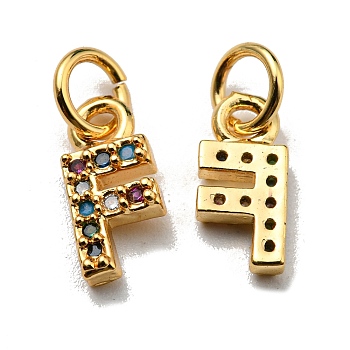 Brass Micro Pave Colorful Cubic Zirconia Charms, Golden, Letter.F, 8.5~9x1.8~9.5x2mm, Hole: 3mm