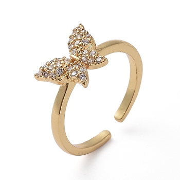 Adjustable Brass Finger Rings, with Micro Pave Clear Cubic Zirconia, Long-Lasting Plated, Butterfly, Golden, Size 7, 17mm