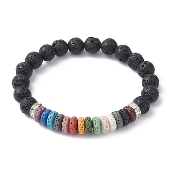 Dyed Colorful Natural Lava Rock & Rhinestone Beaded Stretch Bracelets for Women, Silver, Inner Diameter: 2-1/8 inch(5.3cm)