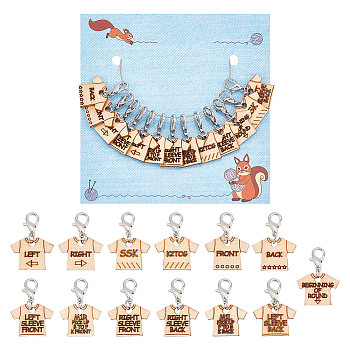 13Pcs 13 Style T-shirt Direction Guide Wood Pendant Locking Stitch Markers, Zinc Alloy Crochet Lobster Clasp Charms, Moccasin, 2.6cm, 1pc/style