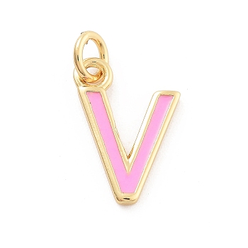 Rack Plating Brass Pendants, with Enamel and Jump Ring, Cadmium Free & Lead Free, Long-Lasting Plated, Real 18K Gold Plated, Letter, Letter V, 12x8.5x1mm, Hole: 2.5mm