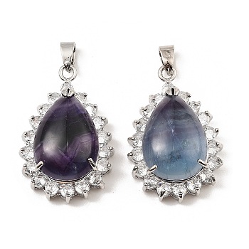 Natural Fluorite & Rhinestone Pendants, with Platinum Tone Rack Plating Brass Wire Wrap, Long-Lasting Plated, Lead Free & Cadmium Free, Teardrop, 40x26x13mm, Hole: 6x4.5mm