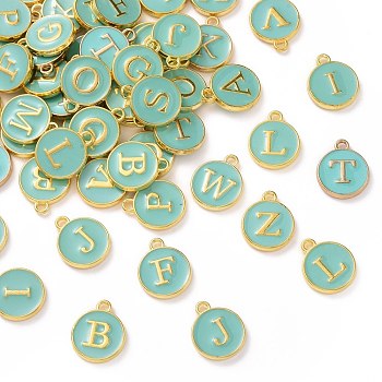 Golden Plated Alloy Enamel Charms, Enamelled Sequins, Flat Round with Random Mixed Letters, Turquoise, 14x12x2mm,Hole:1.50mm
