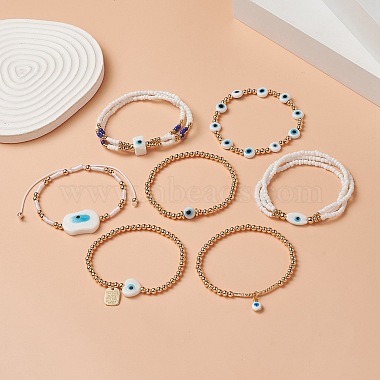 7 pcs 7 ensemble de bracelets extensibles en perles de verre et perles de verre de style mauvais œil pour femme(BJEW-JB09249-02)-5