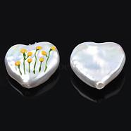 ABS Plastic Imitation Pearl Beads, with Enamel, Half Drilled, Heart with Flower, Gold, 13.5~14x14x5mm, Half Hole: 1.2mm(KY-N015-91)