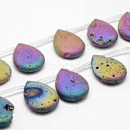 Electroplated Natural Quartz Crystal Beads Strands, Top Drilled Beads, Druzy Geode Crystals, Teardrop, Multi-color Plated, 29~30x22x8mm, Hole: 1.5mm, about 6pcs/strand, 6.2 inch(G-G891-01)