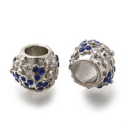 Rack Plating Alloy European Beads, with Rhinestone, Lead Free & Cadmium Free, Large Hole Beads, Round with Flower, Sapphire, 9x11x11mm, Hole: 5mm(FIND-H005-22P-01)