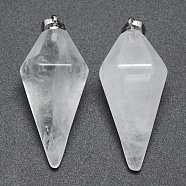 Natural Quartz Crystal Pointed Pendants, Rock Crystal Pendants, with Brass Findings, Bullet, Platinum, 38.5x16x14.5mm, Hole: 5x8mm(X-KK-E757-F-08P)